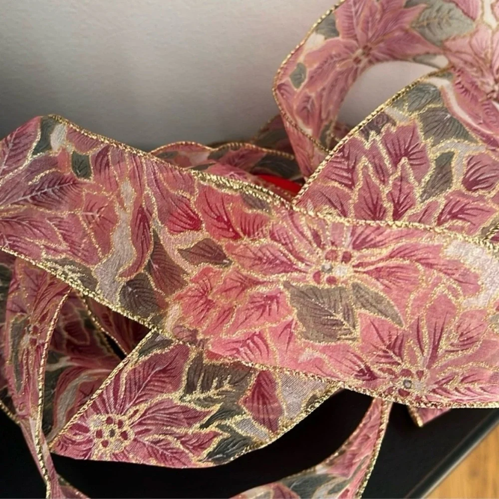 ✨ Vintage Poinsettia Wired Ribbon Garland – 4 Spools (One New!) ✨